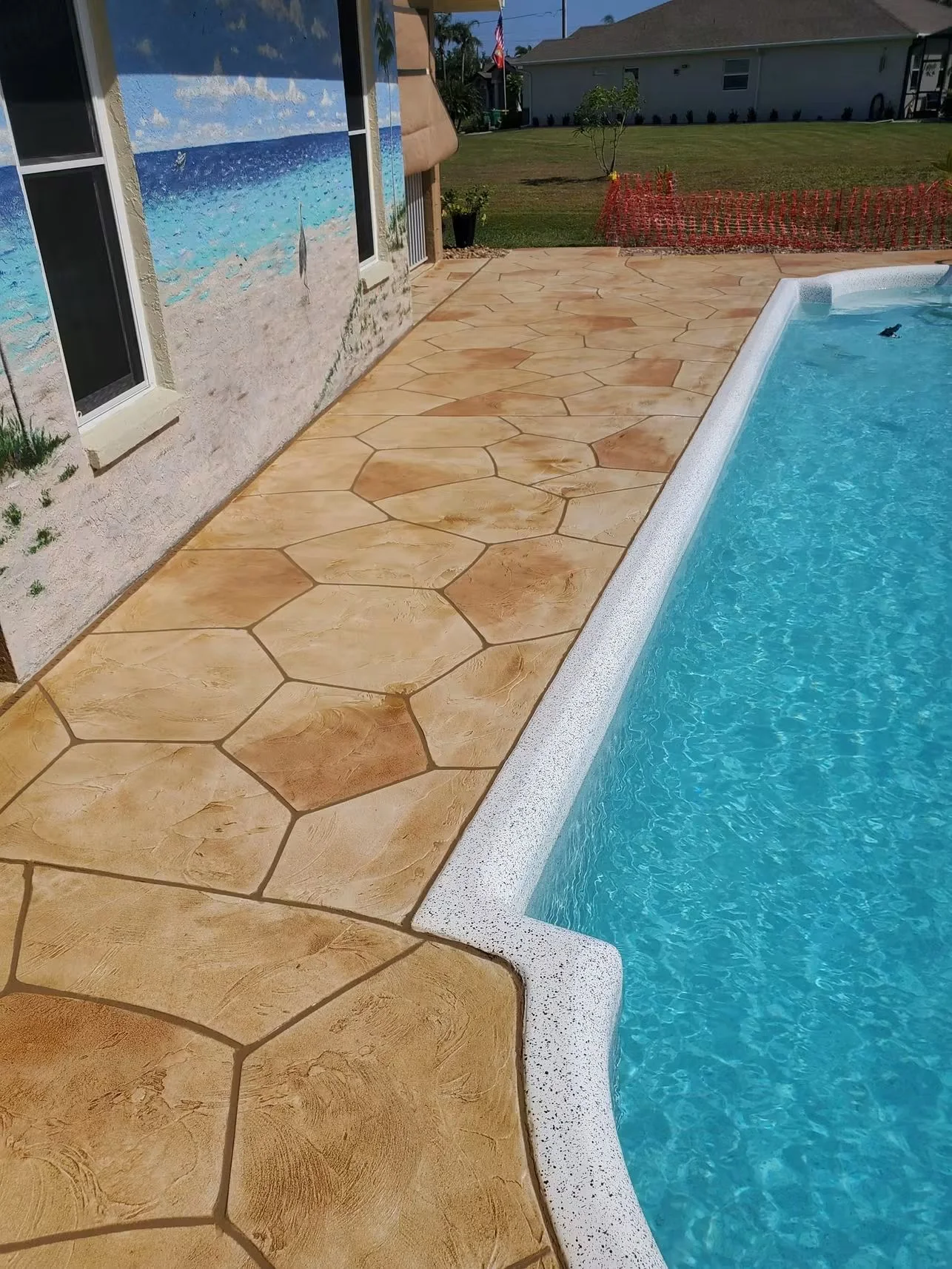 Stamped concrete pool deck with natural stone pattern and white aggregate pool coping