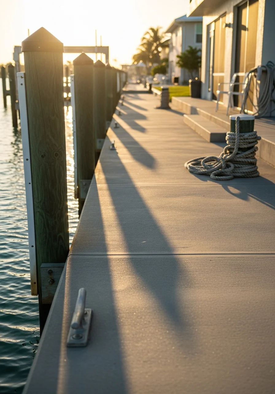 Englewood waterfront property with dock, calm water, and residential structure showing coastal maintenance details.