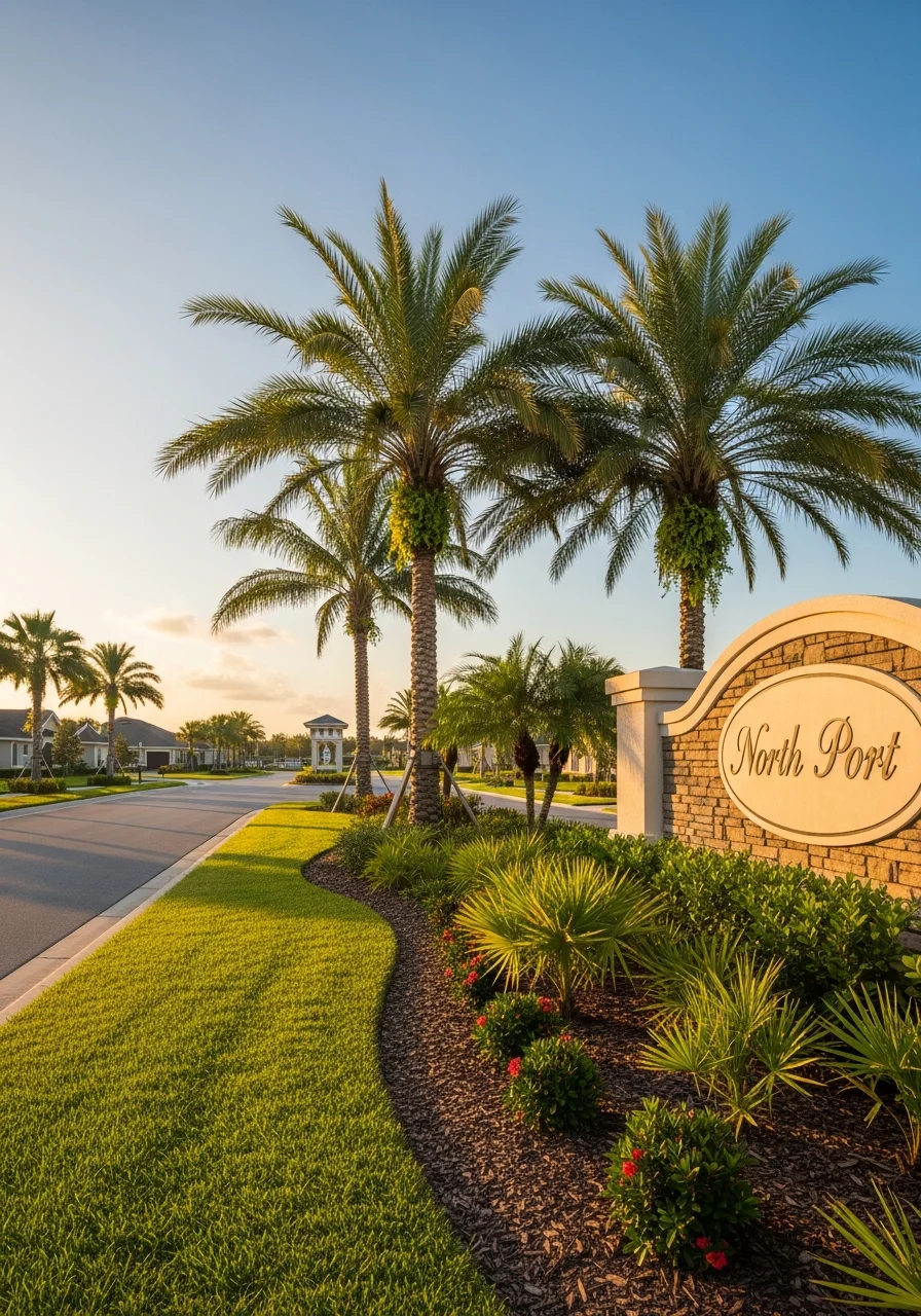 North Port community entrance sign with palm trees and well-maintained residential properties in background.