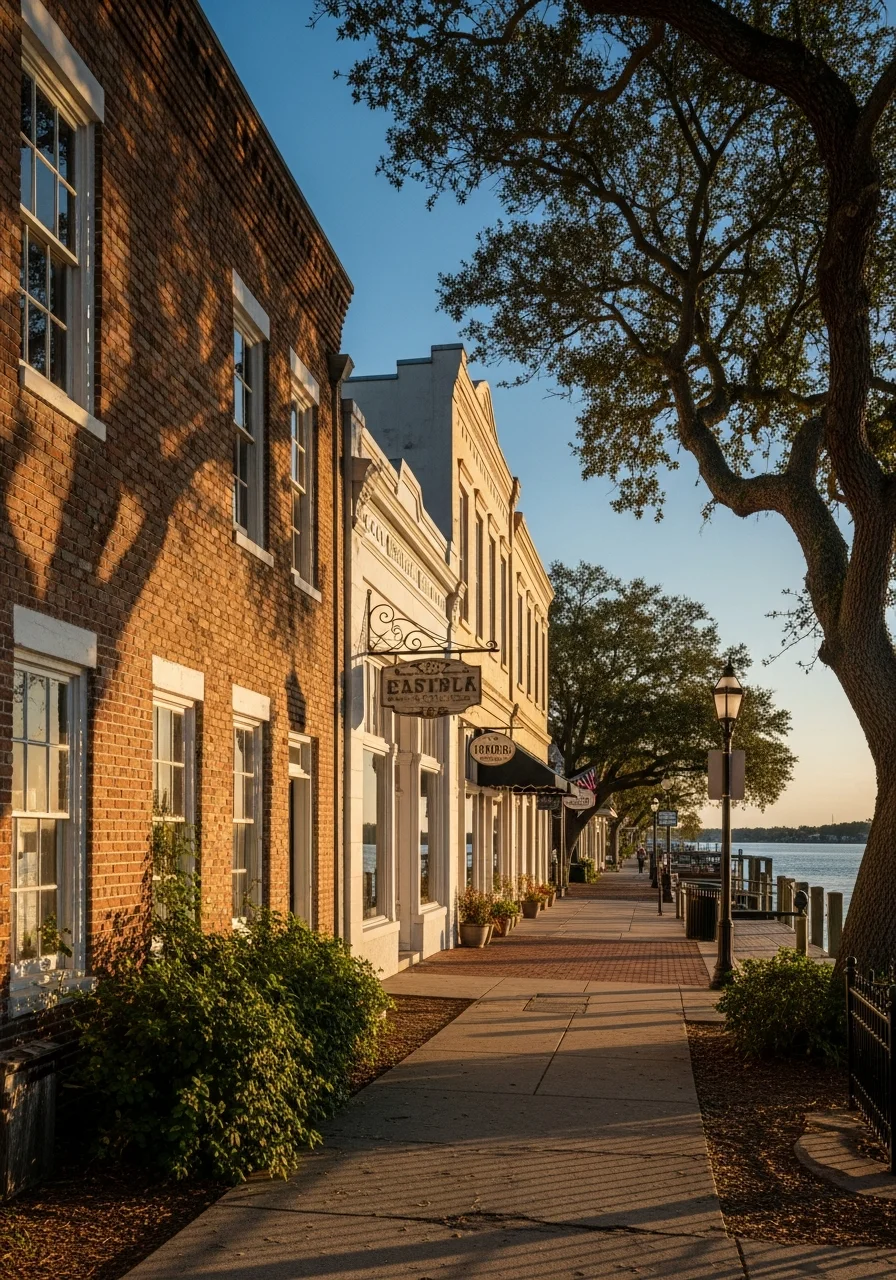 Punta Gorda downtown waterfront area with restored historic buildings and river view during daytime.