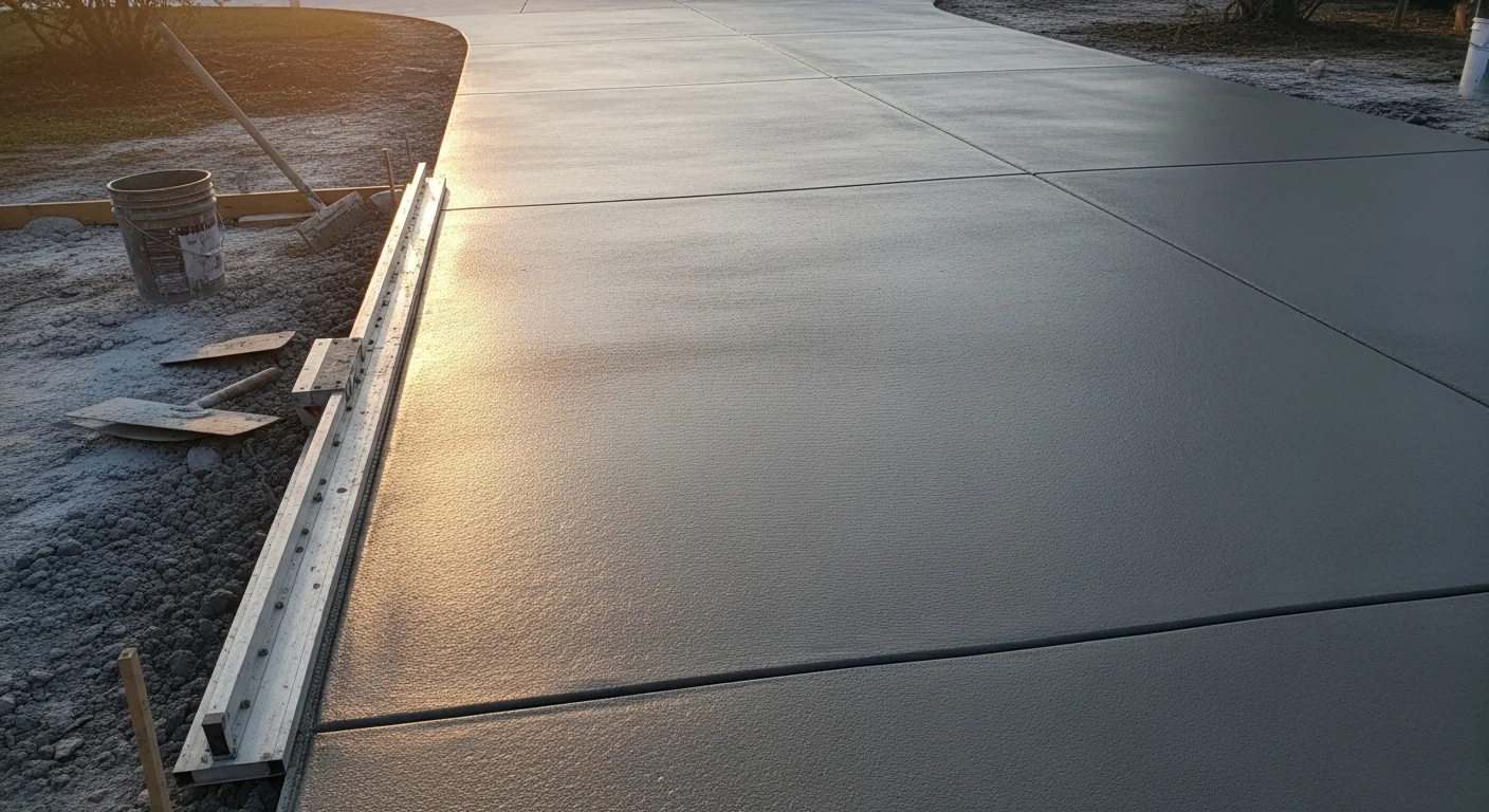 A freshly finished concrete patio with a broom texture surface outside a Port Charlotte, FL home, showing clean edges, control joints, and a smooth uniform finish. The slab is surrounded by Florida landscaping under bright natural light.