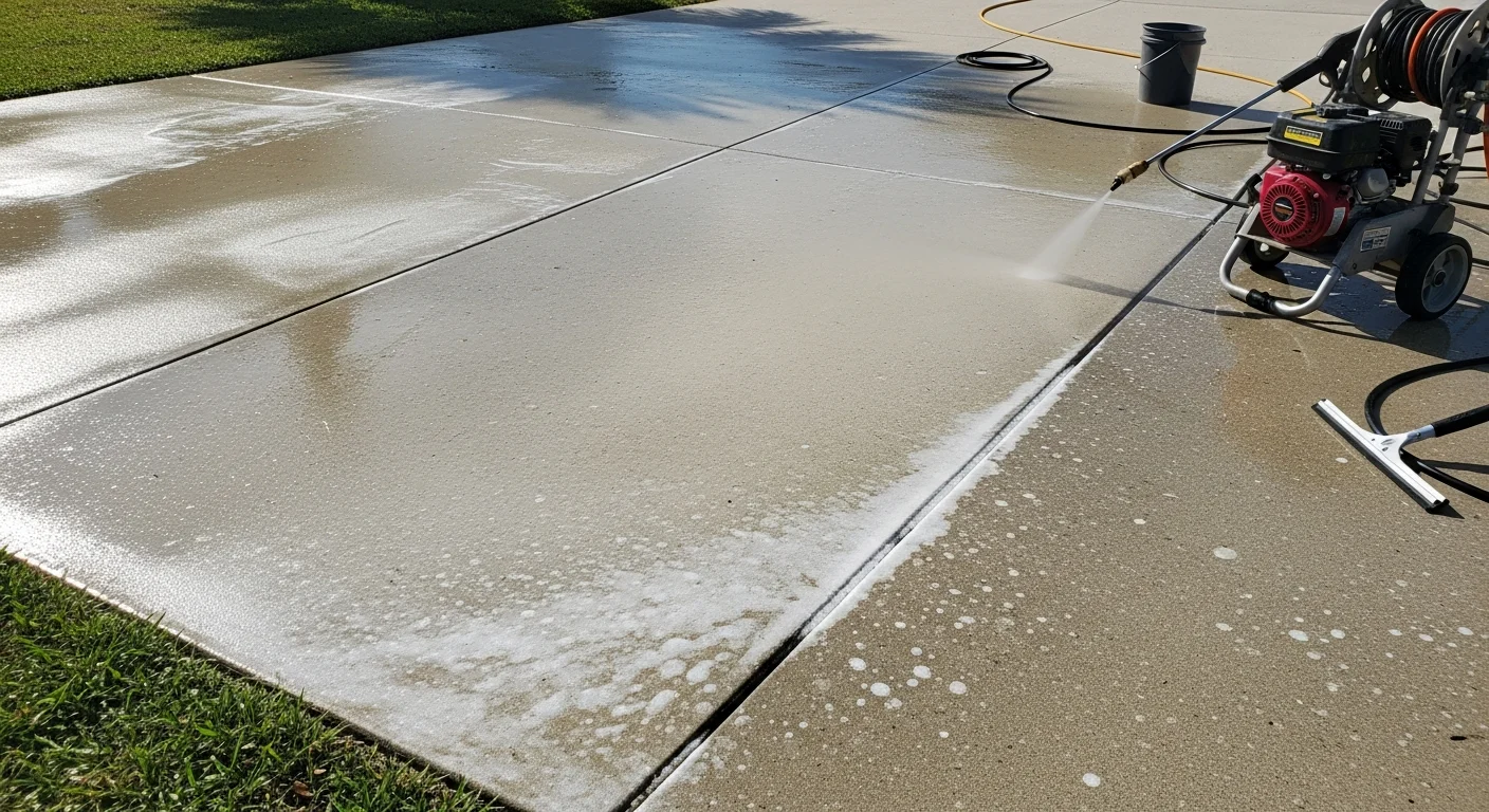A freshly sealed concrete driveway at a Port Charlotte residential property showing a clean, uniform surface finish with no visible staining or discoloration. A pressure washing wand and sealant application equipment are visible nearby on the sun-lit concrete.
