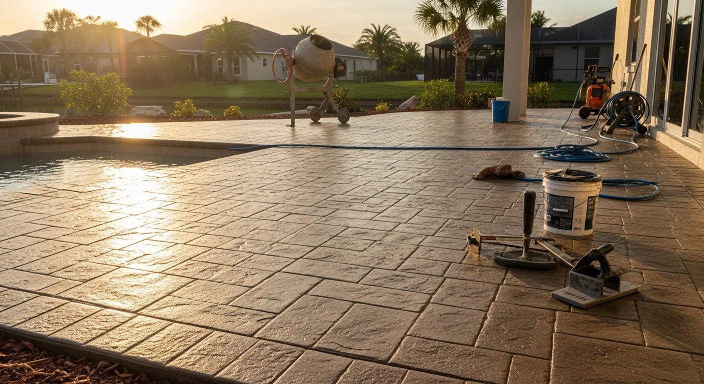 Stamped decorative concrete patio with a stone-pattern finish installed at a Port Charlotte residential property. The surface shows custom color tones and textured detail adjacent to a screened outdoor living area.