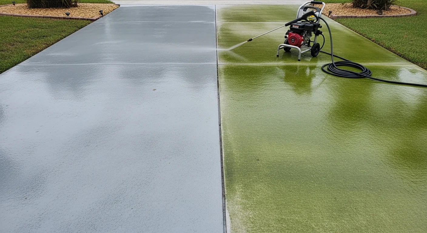 A Port Charlotte residential concrete driveway before and after professional pressure washing, showing dark algae staining and tire marks removed to reveal clean, light-colored concrete. The home exterior and landscaping are visible in the background under bright Florida sunlight.