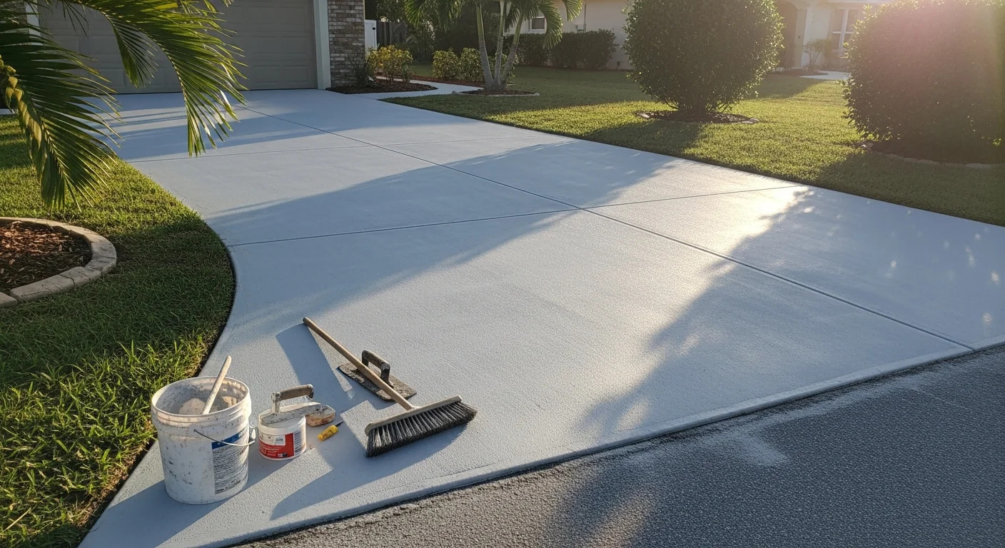 A freshly resurfaced concrete driveway at a Port Charlotte, FL residential home, showing a smooth, uniform gray surface free of cracks and discoloration. The finished overlay extends from the garage apron to the street edge under bright Florida sunlight.