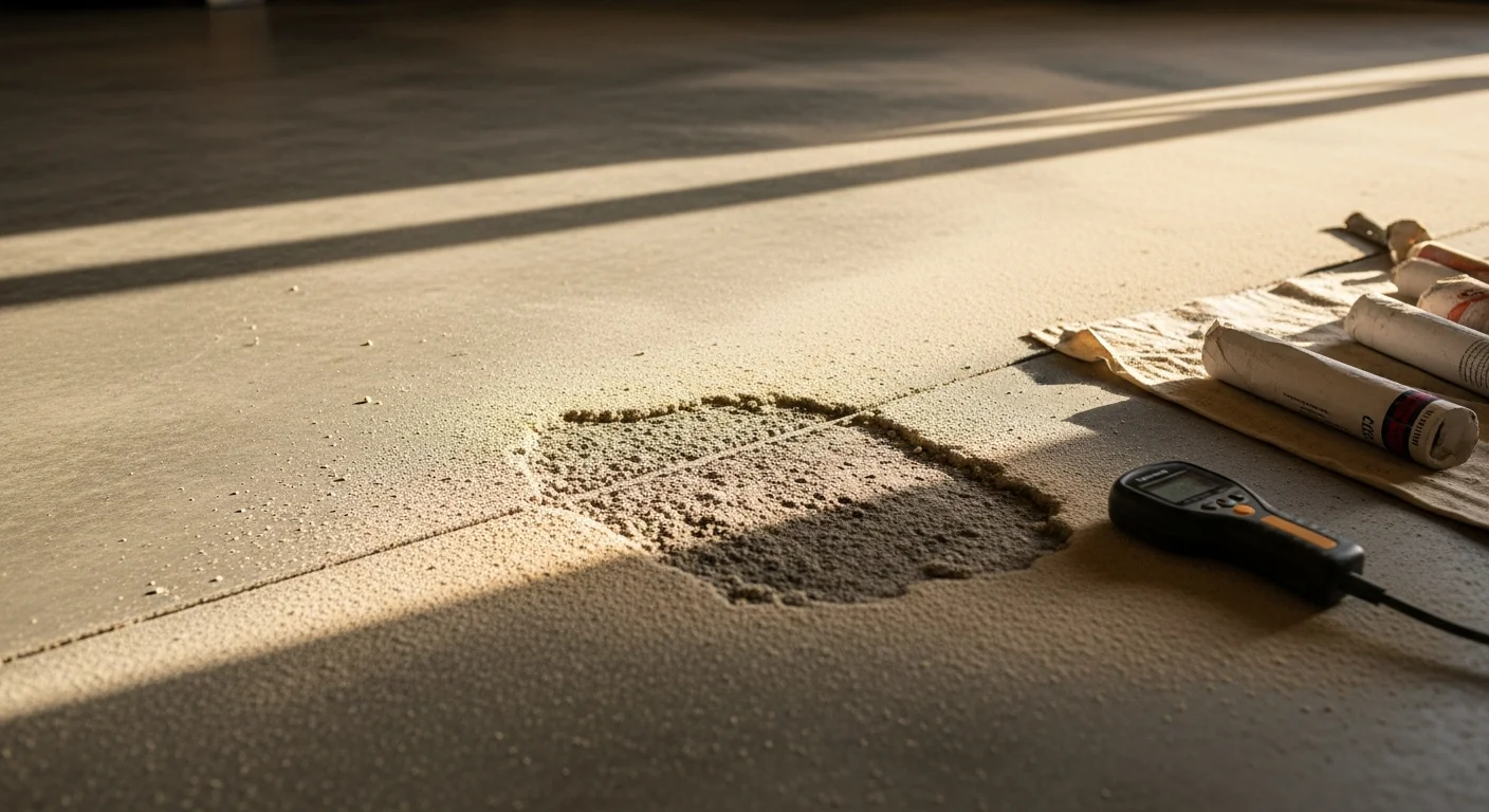 A repaired epoxy garage floor in Port Charlotte, Florida, showing a smooth, glossy surface with filled cracks and uniform color. The floor is inside a residential garage with bright overhead lighting highlighting the seamless finish.