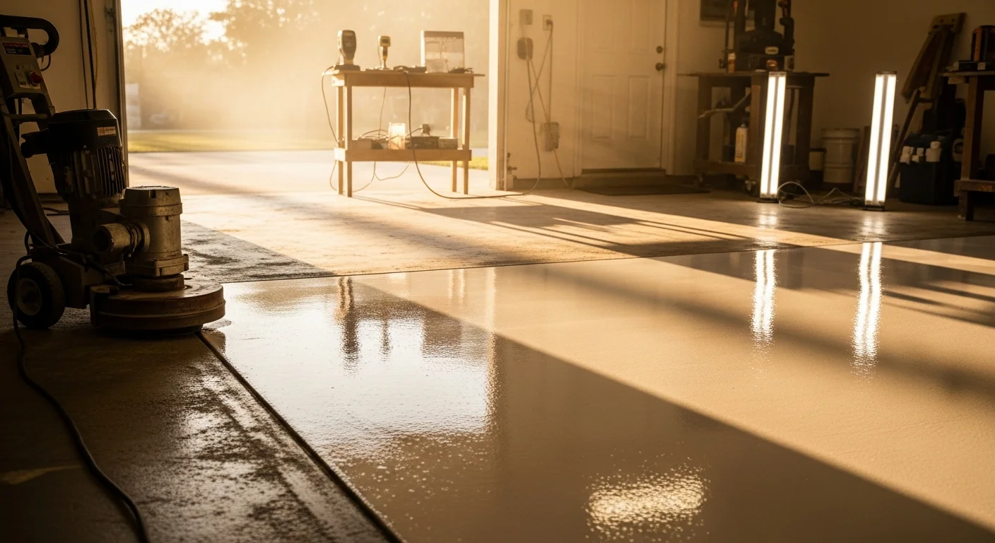 A freshly epoxy-sealed garage floor in a Port Charlotte home, showing a smooth, high-gloss surface with a decorative color-flake finish. The sealed concrete reflects overhead lighting and shows no staining, cracks, or surface damage.