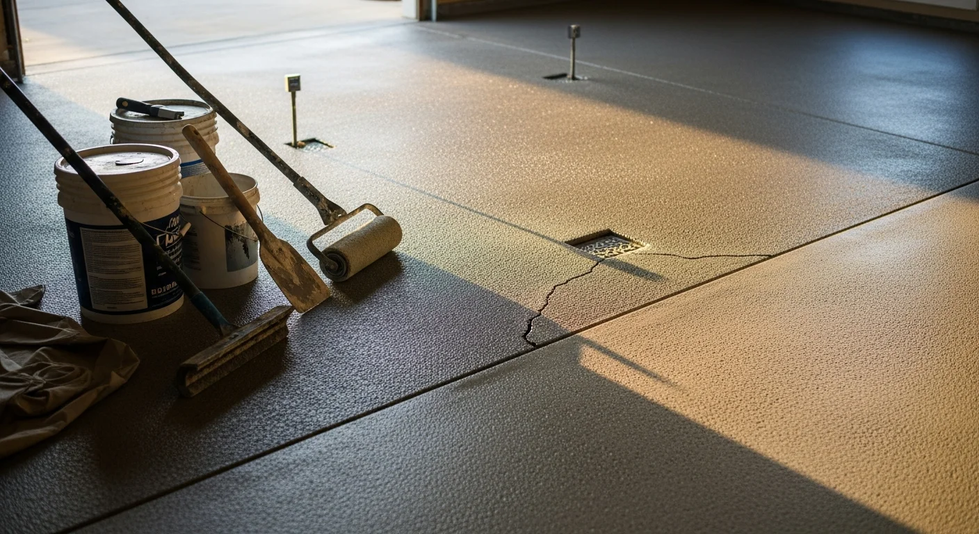 A finished epoxy garage floor in a Port Charlotte residential garage, showing a smooth decorative flake coating in a two-car space with clean edges and a sealed, glossy surface. The floor reflects overhead lighting and shows no cracks, oil stains, or bare concrete.