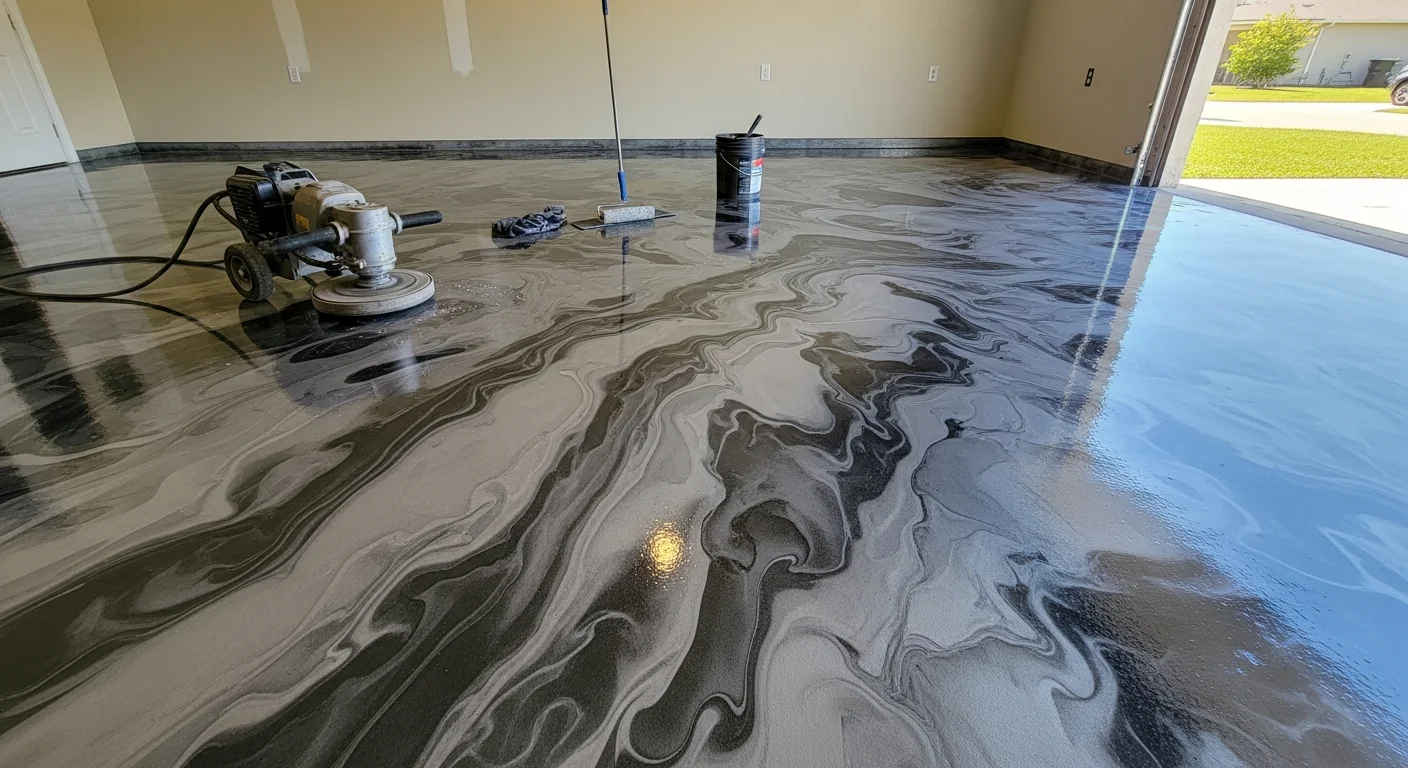 A high-gloss metallic epoxy floor inside a Port Charlotte garage, showing a swirled copper and charcoal finish with deep reflective sheen. The sealed concrete surface is smooth and free of cracks, with natural light reflecting off the topcoat.