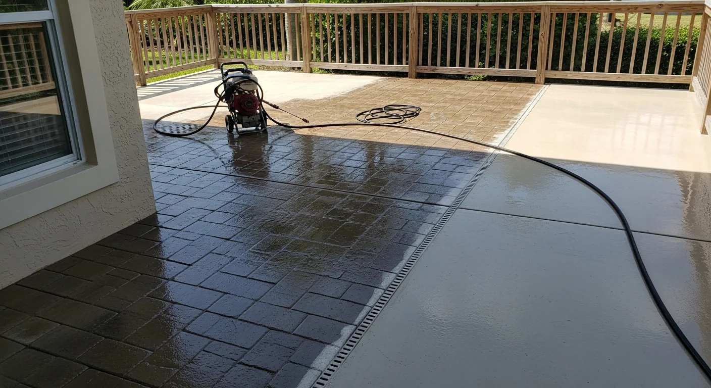 A concrete patio in Port Charlotte, FL after professional pressure washing, showing clean gray surface with algae and dark mildew staining fully removed. A screened lanai enclosure and Florida landscaping are visible in the background.