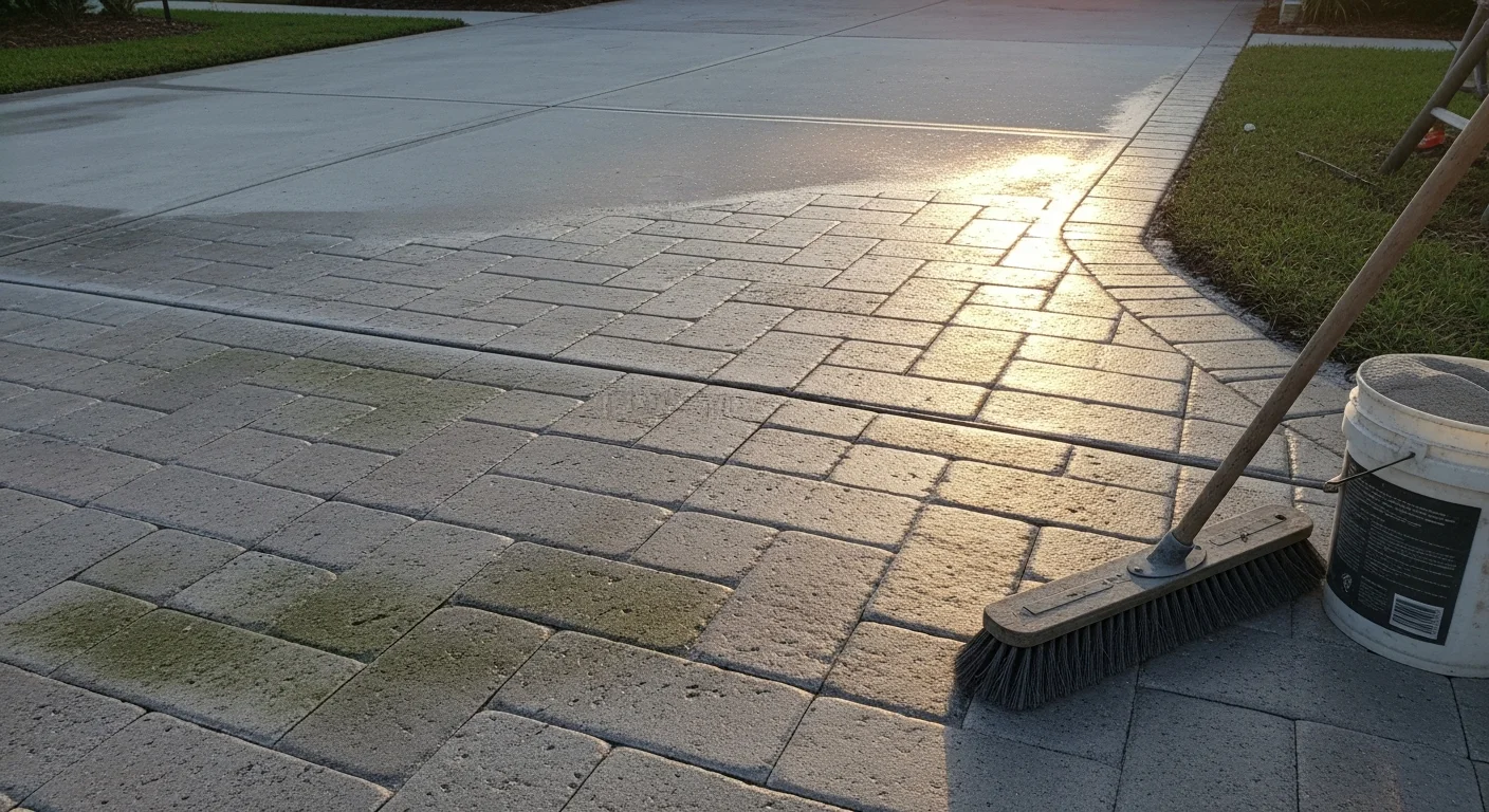 A Port Charlotte residential driveway with freshly cleaned and sealed concrete pavers showing restored color and tight, re-sanded joints. The surface is dry, even, and free of algae or weed growth following professional paver maintenance service.