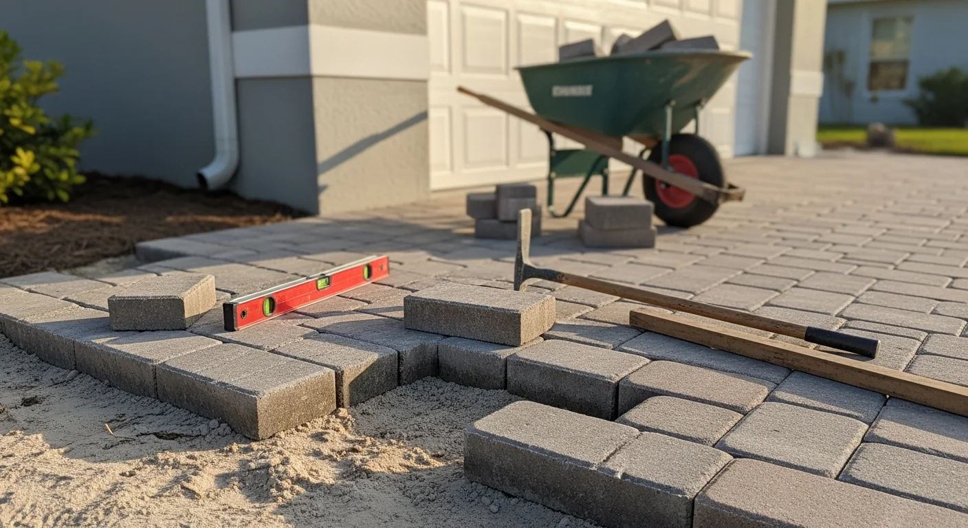 A Port Charlotte driveway with freshly repaired and releveled pavers showing tight, even joints and a flat surface free of cracks or sunken sections. A residential pool deck in the background shows matching paver repair work completed by Creative Designs in Concrete.