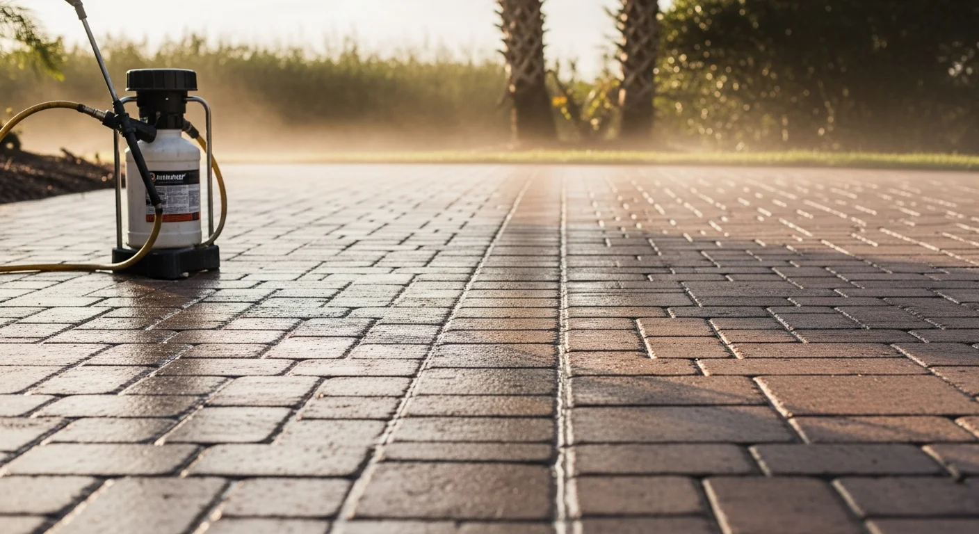 Freshly sealed brick paver driveway at a Port Charlotte home, showing restored deep color and a clean, even surface finish. The sealed pavers run from the street to the garage with tight, sand-filled joints and no visible staining or algae growth.