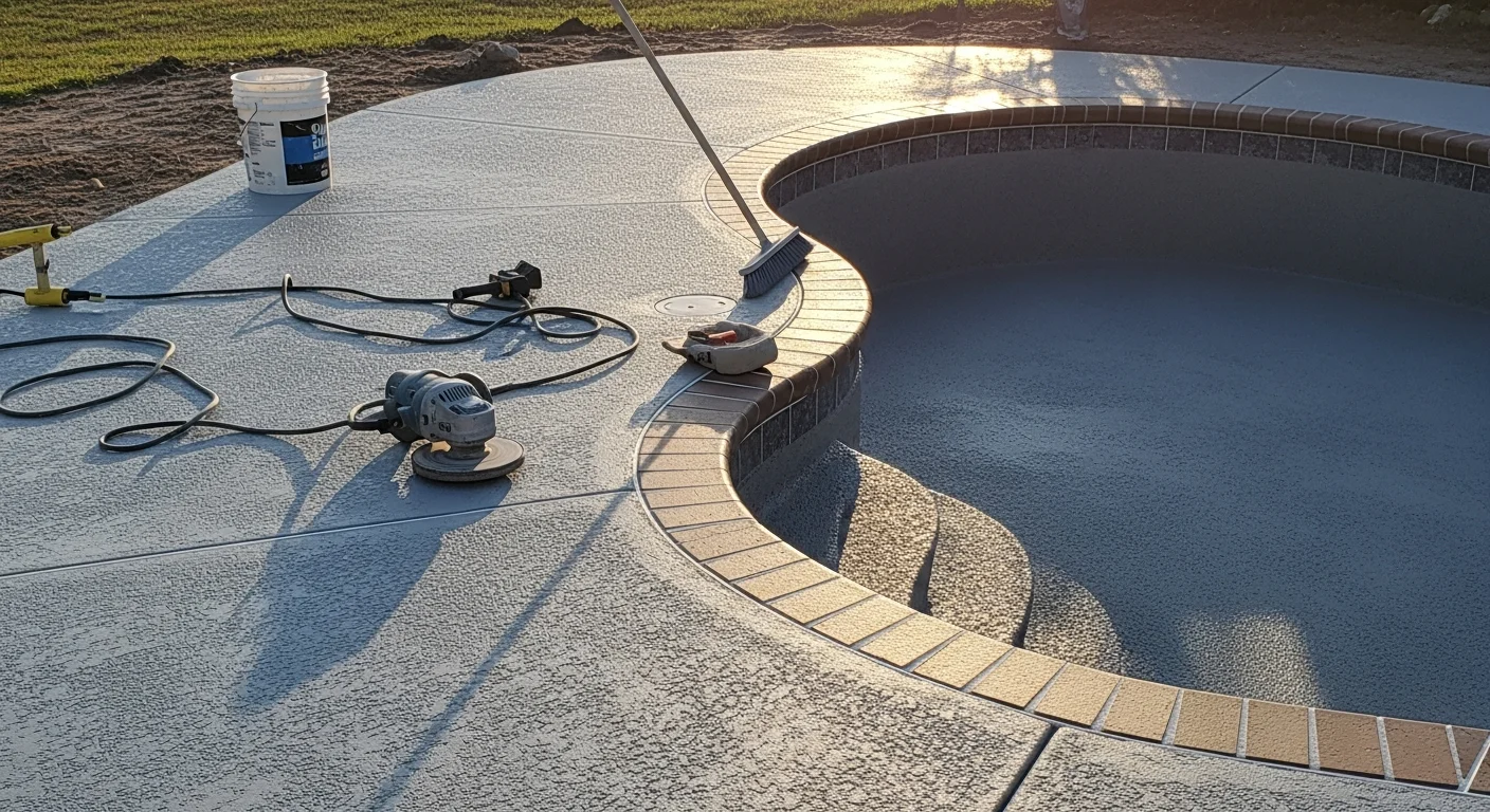 A freshly resurfaced concrete pool deck surrounding a residential inground pool in Port Charlotte, Florida, showing a smooth slip-resistant finish with even color and clean edges. The deck surface shows no cracking or discoloration, with the pool water visible in the background under bright Florida sunlight.