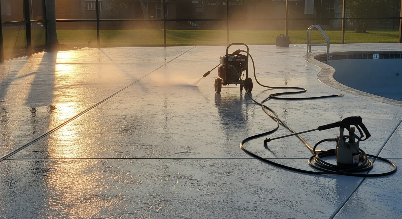 A freshly sealed concrete pool deck surrounding a residential in-ground pool in Port Charlotte, Florida, with a clean, even surface free of staining or algae growth. The sealed finish shows a uniform sheen under bright Florida sunlight with no visible discoloration or surface wear.