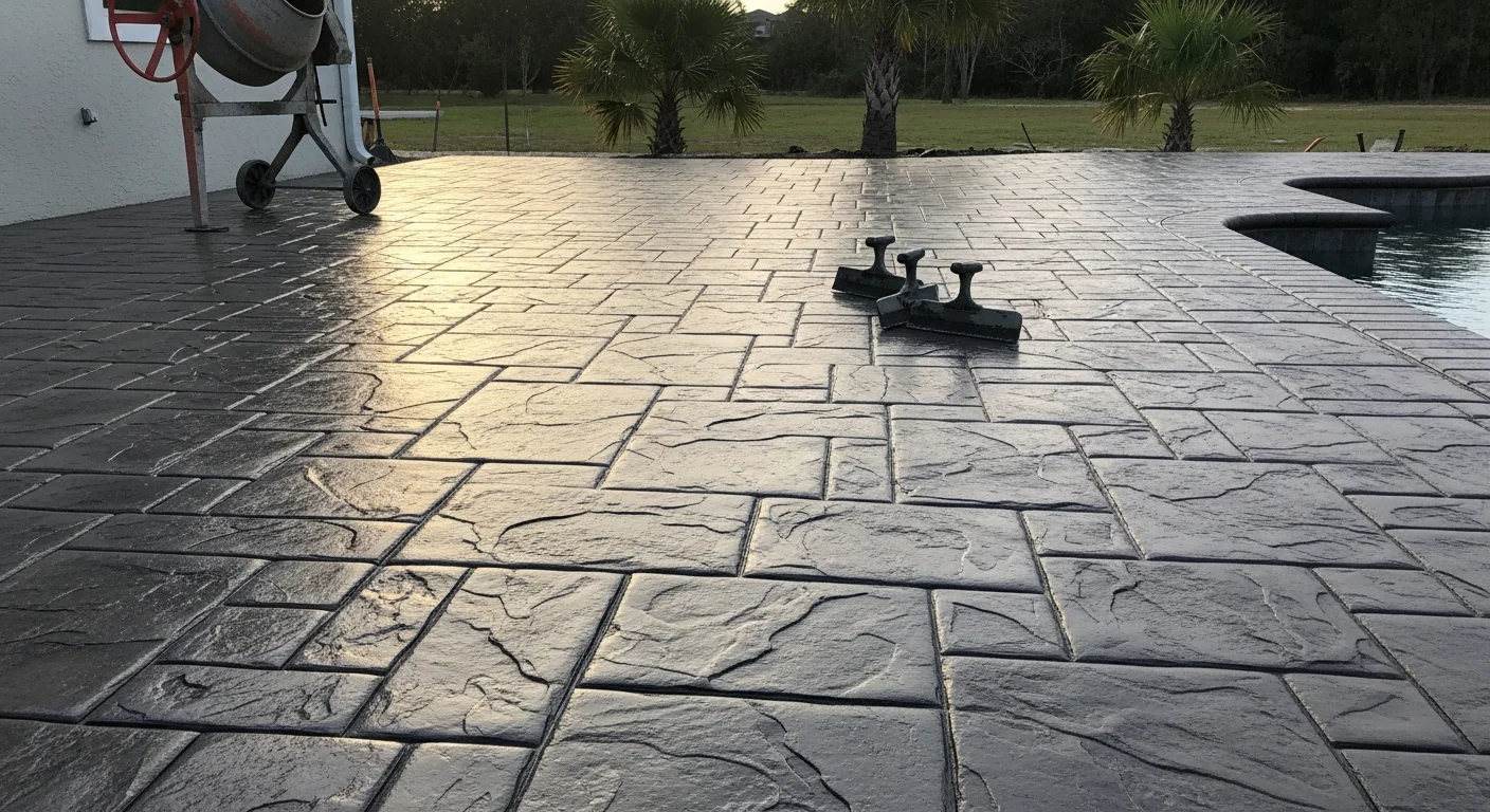 A stamped concrete patio with a slate pattern and earth-tone coloring installed behind a residential home in Port Charlotte, Florida. The surface extends from the back door toward a screened pool enclosure, showing clean stamp lines and a sealed finish.
